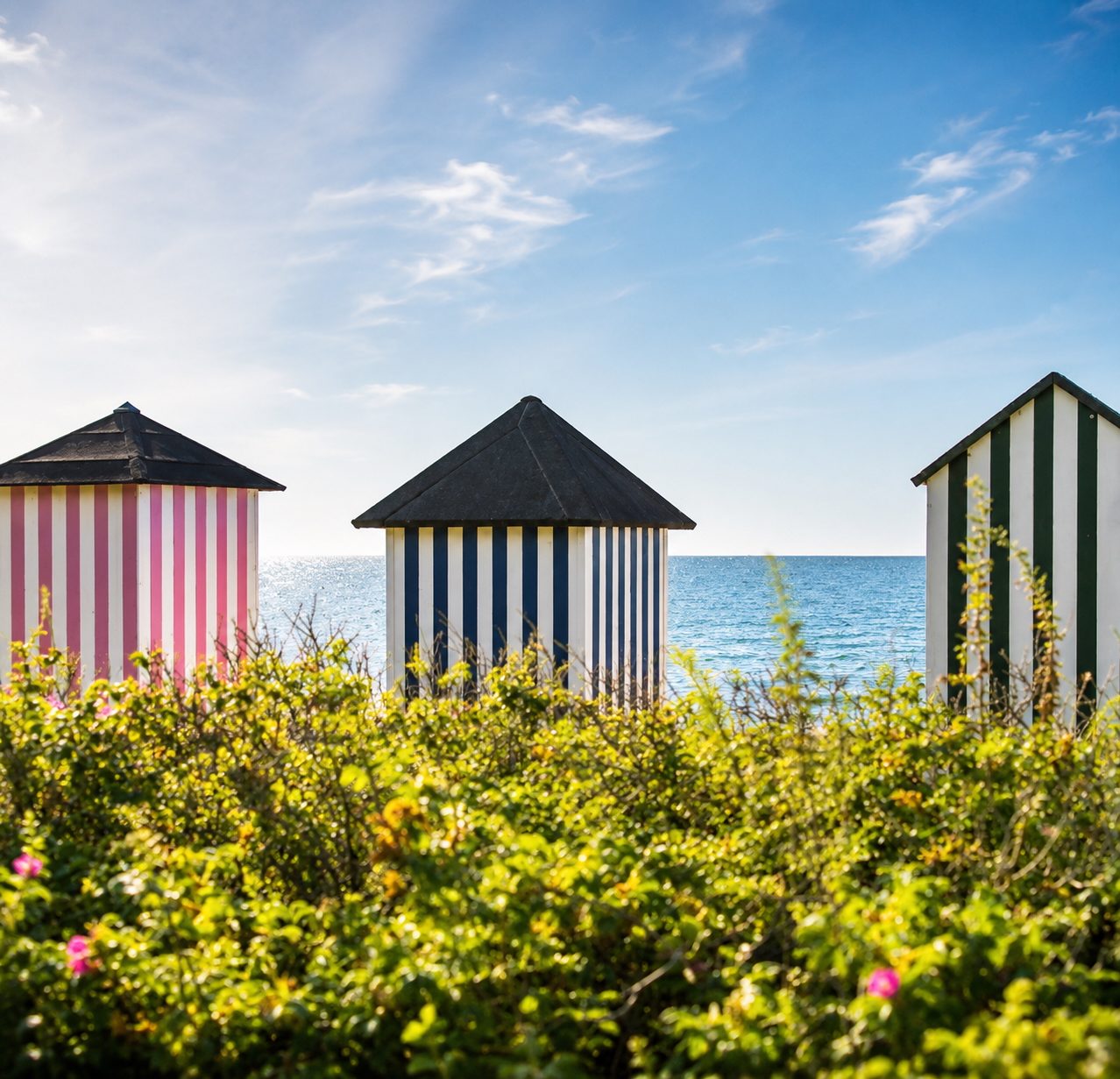 Stribede badehuse ved stranden med Kattegat og hybenroser – Den Danske Riviera, Nordsjælland